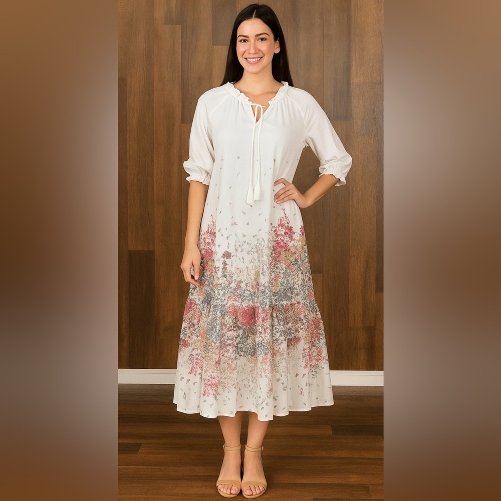 NORACORA
White and Red Tiered Maxi Dress with Mandarin Collar